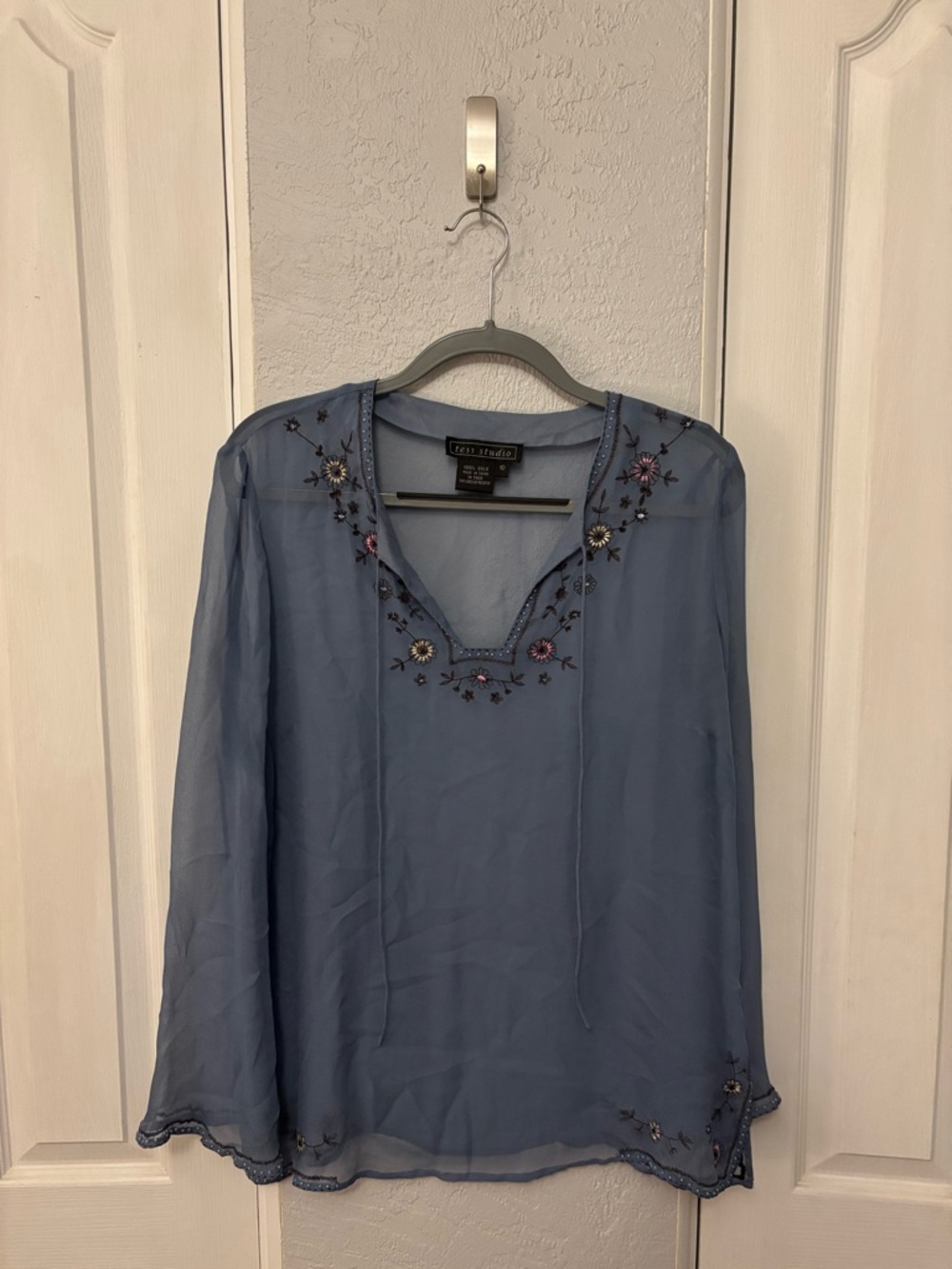 Vintage Y2K Blue 100% Silk Beaded And Embroidered Tunic Floral Print Size 10